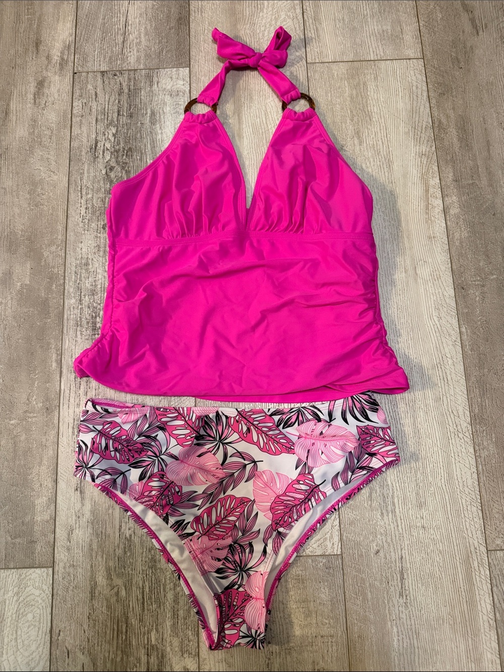 Women’s Hot Pink Halter Tankini with Printed Bikini Bottoms